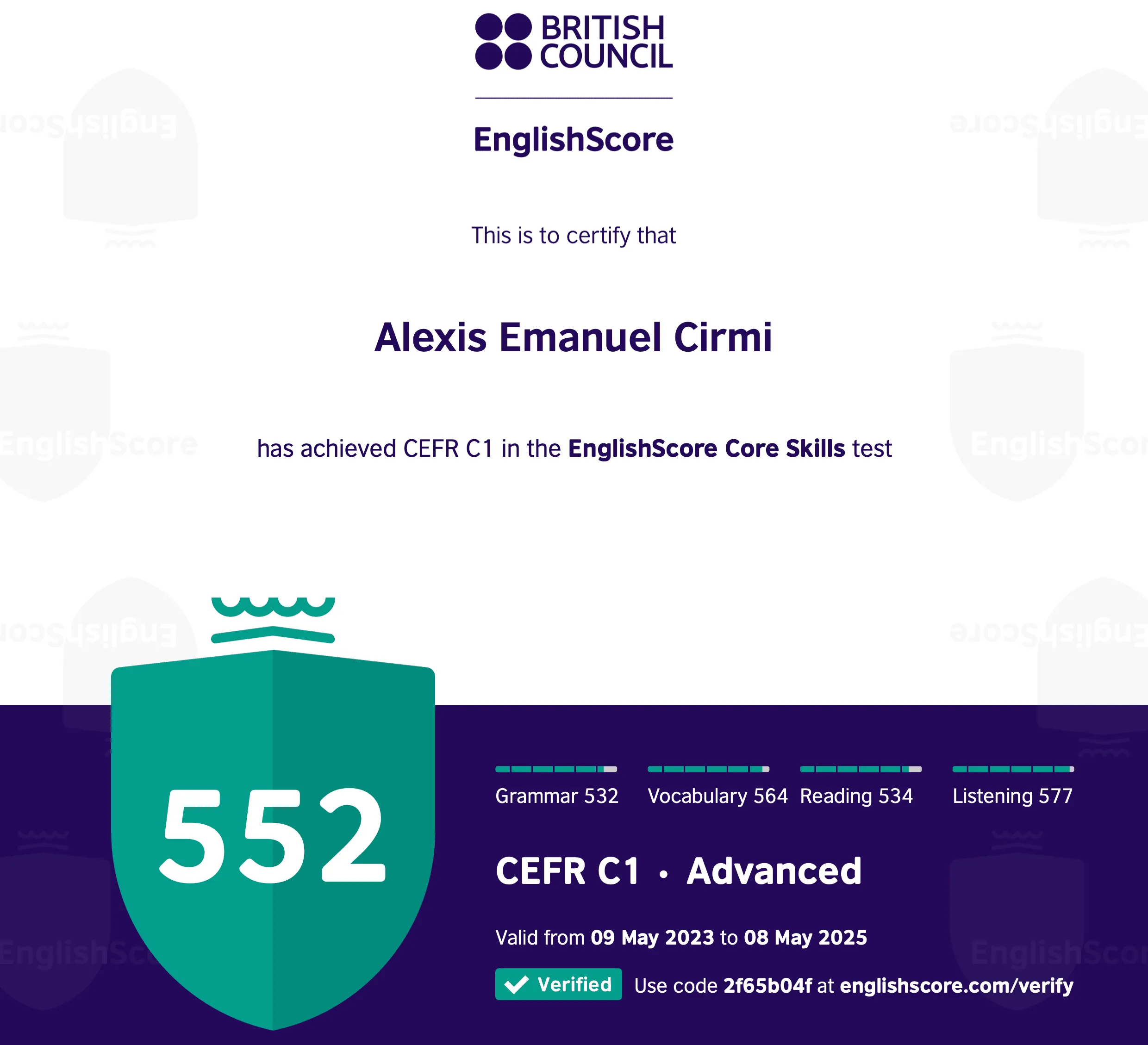 British Council EnglishScore Core Skills 552/599 2f65b04f (C1 Advanced) (certificate)