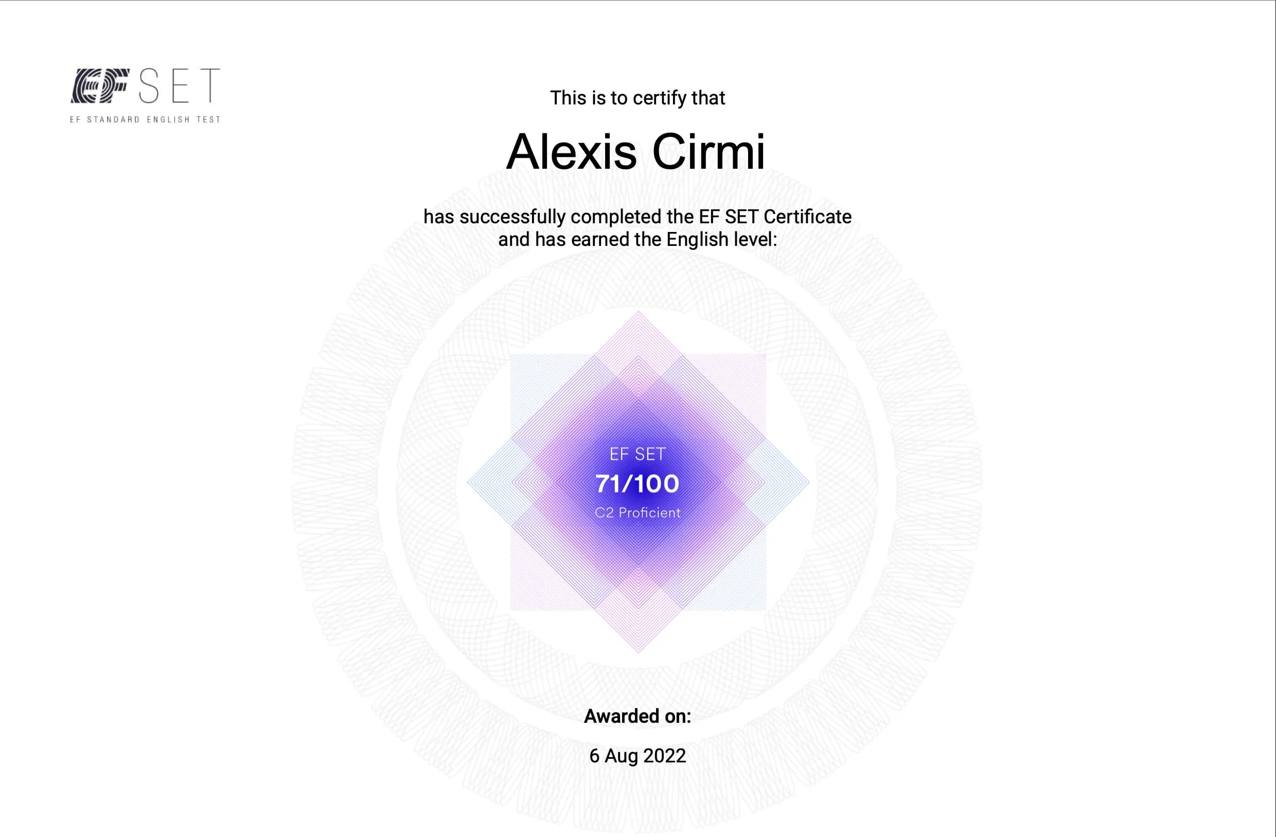 EF SET English Certificate 71/100 (C2 Proficient) (certificate)